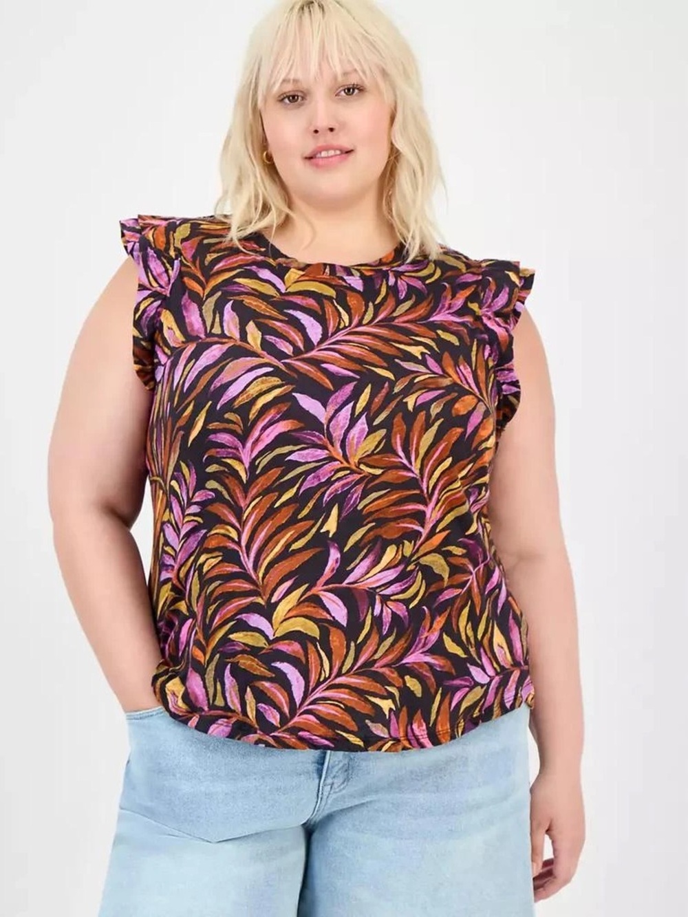 Democracy Flutter Sleeve Shell Top -Pink & Orange Leaf Print